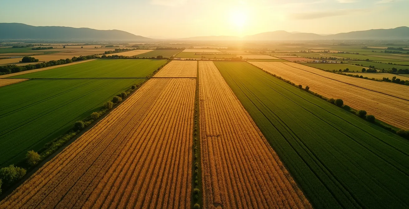 Vista aérea de parcelas agrícolas mostrando diferentes cultivos en rotación con variadas texturas y colores