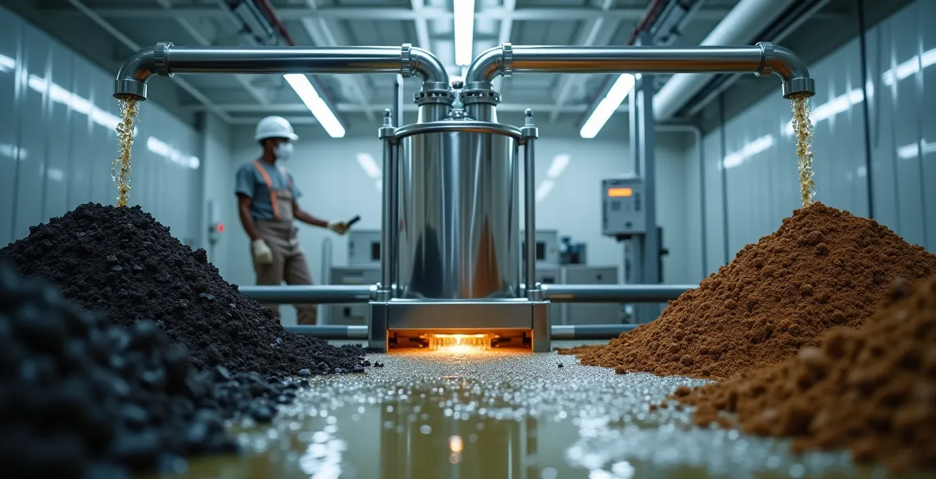 Vista amplia de sistema de separación de purín en granja con fracciones líquida y sólida visibles