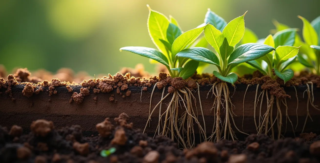 Composición visual mostrando la interacción entre siembra directa, cobertura vegetal y rotación de cultivos en un perfil de suelo español.