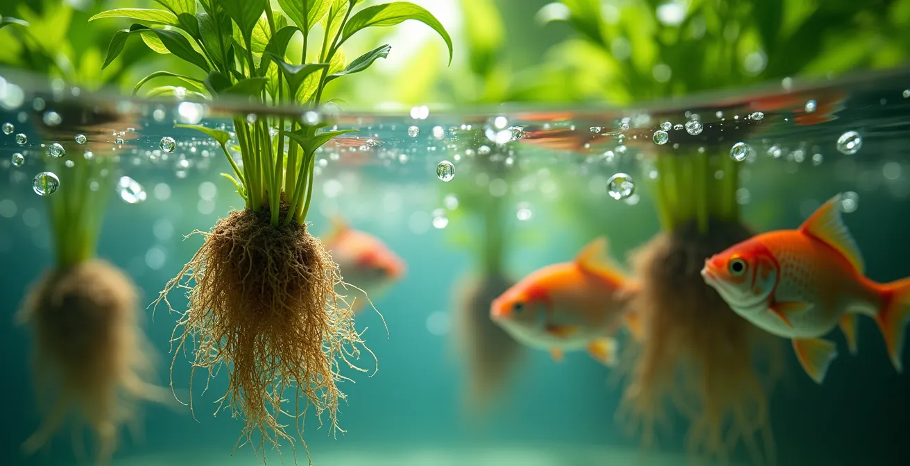 Vista macro de raíces de plantas sumergidas en agua de acuaponía con peces visibles