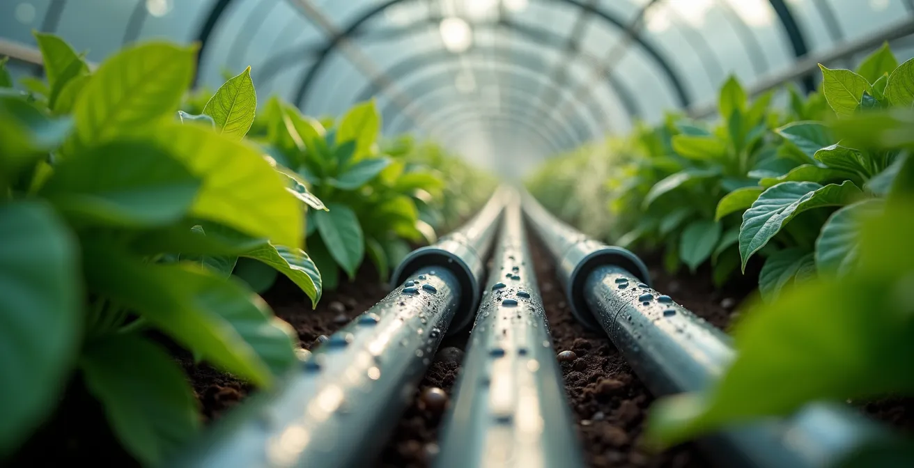 Vista macro de sistema de tuberías de calefacción con vapor condensado en invernadero