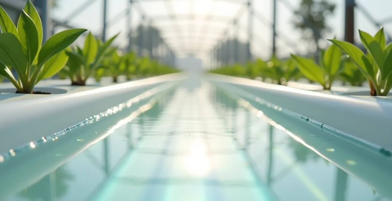 Sistema NFT con canales de cultivo limpios mostrando flujo de agua sin contaminación