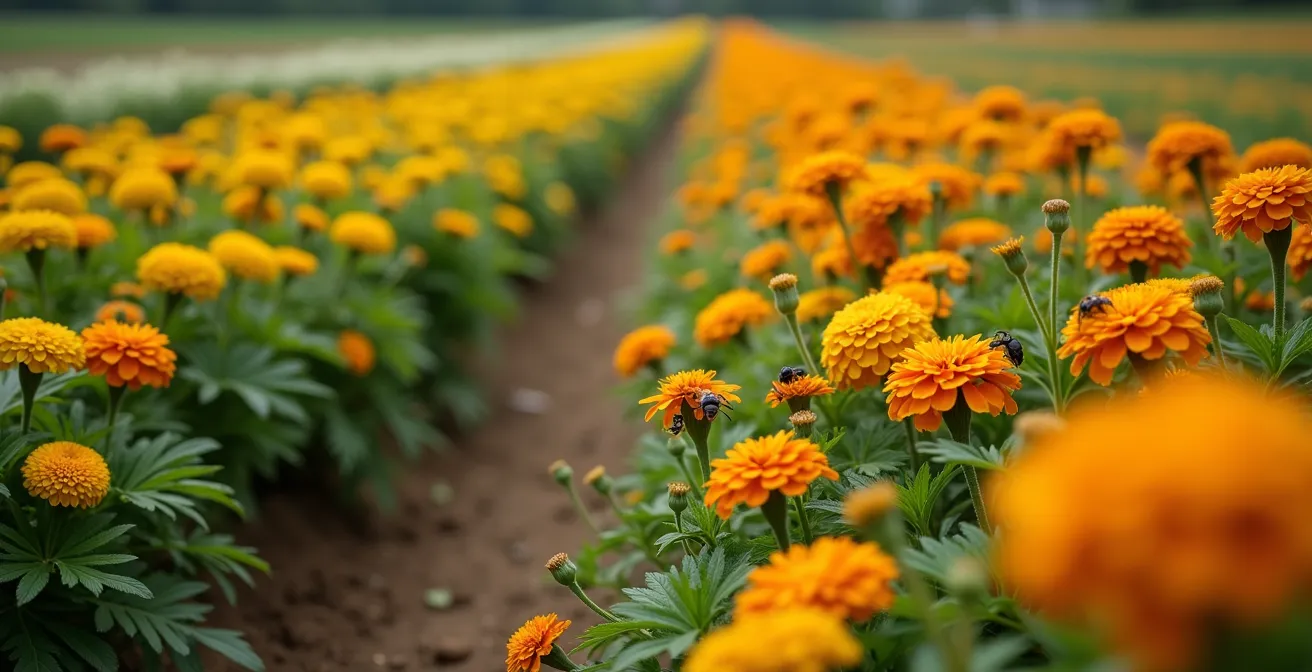 Vista aérea de cultivo con bandas florales actuando como barrera natural contra plagas