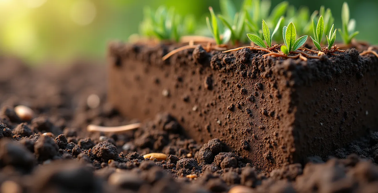 Primer plano del suelo mostrando su estructura esponjosa con raíces y materia orgánica