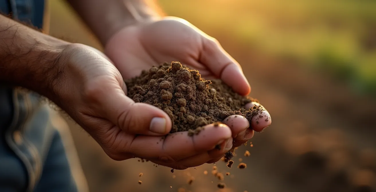 Manos de agricultor sosteniendo y evaluando un terrón de tierra mostrando agregados naturales
