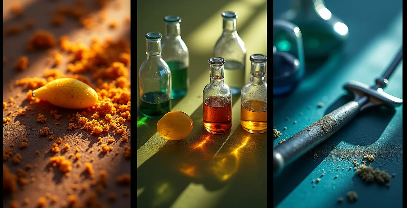 Composición visual de tres elementos representando peligros alimentarios biológicos, químicos y físicos en la agricultura española.