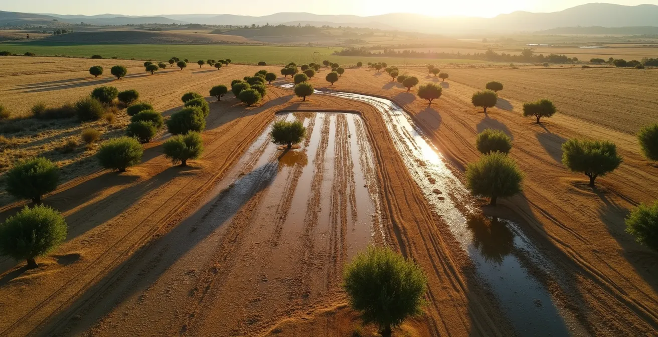 Vista aérea minimalista de parcela agrícola mostrando diferentes zonas de humedad del suelo