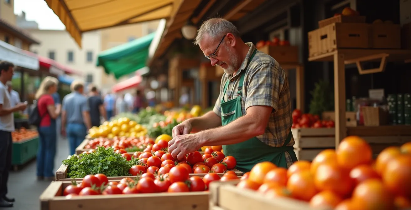 Agricultor español vendiendo productos frescos directamente en mercado local