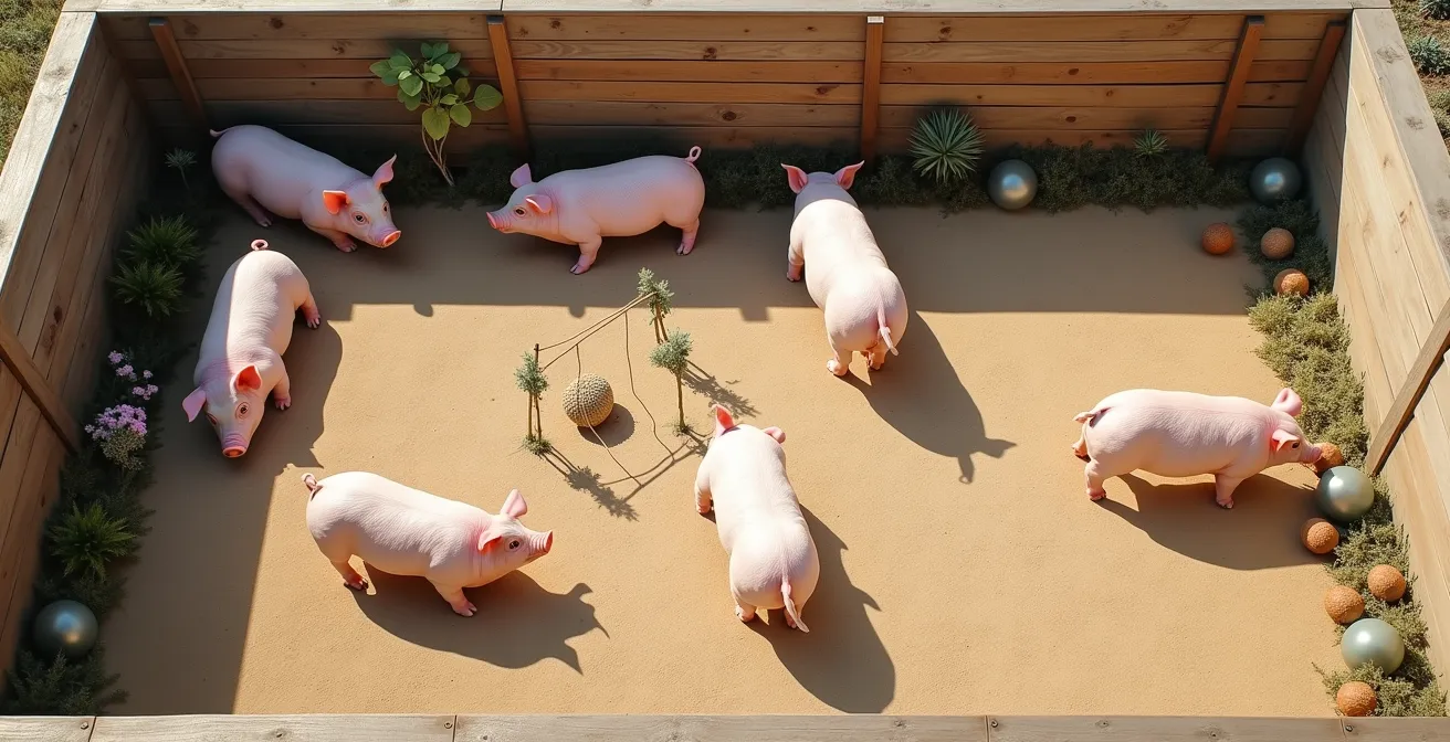 Vista aérea de corral dividido en zonas funcionales mediante enriquecimiento ambiental